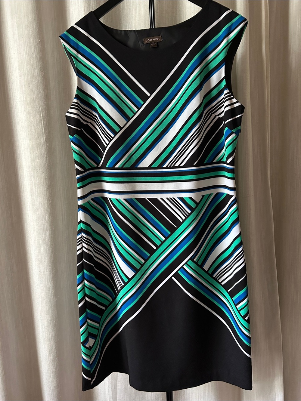 Voir Voir Black Dress with Teal, Blue & White Stripes